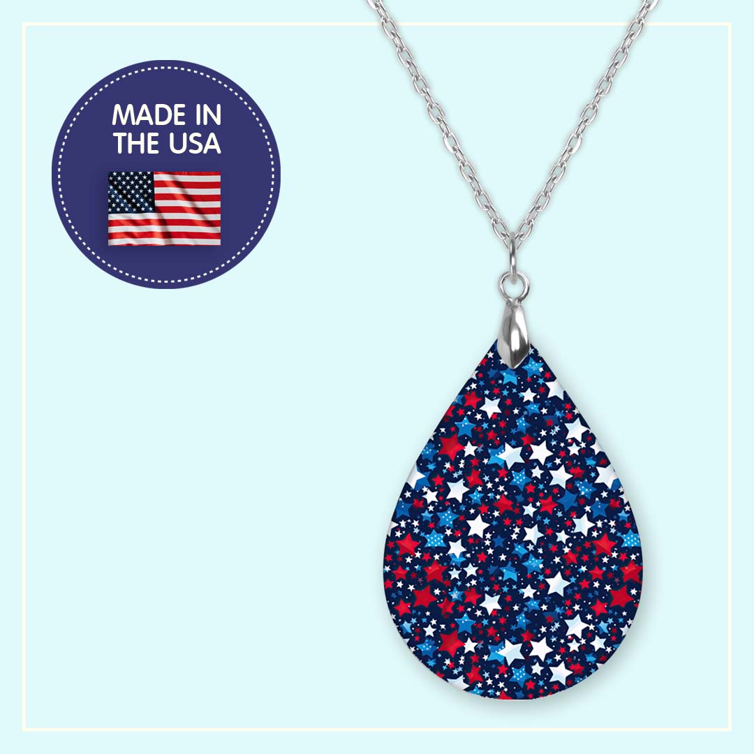 Red White Blue Stars Pendant Necklace – Patriotic Teardrop, Stainless Steel (Copy)