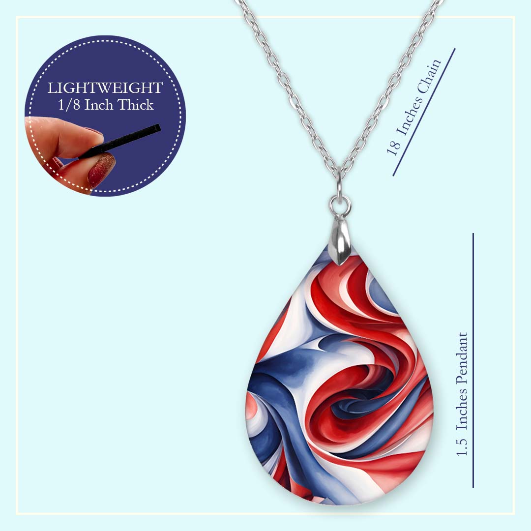 Red White Blue Swirl Pendant Necklace – Patriotic Teardrop, Stainless Steel