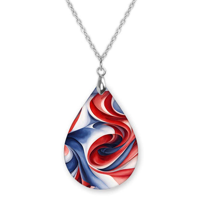 Red White Blue Swirl Pendant Necklace – Patriotic Teardrop, Stainless Steel