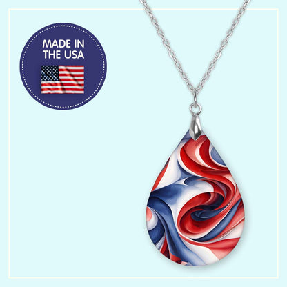 Red White Blue Swirl Pendant Necklace – Patriotic Teardrop, Stainless Steel