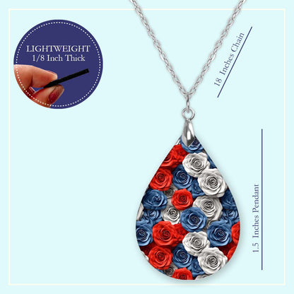 Red White Blue Rose Pendant Necklace – Patriotic Floral Teardrop