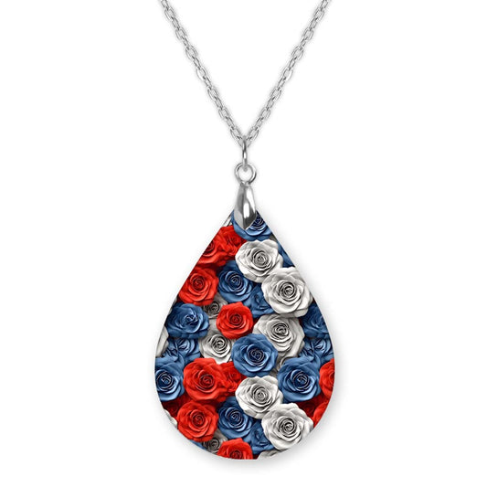 Red White Blue Rose Pendant Necklace – Patriotic Floral Teardrop