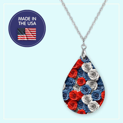 Red White Blue Rose Pendant Necklace – Patriotic Floral Teardrop