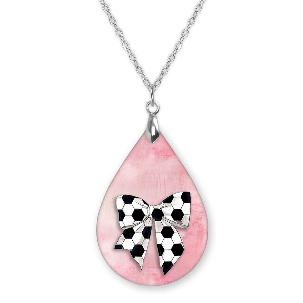 Soccer Bow Pink Teardrop Necklace