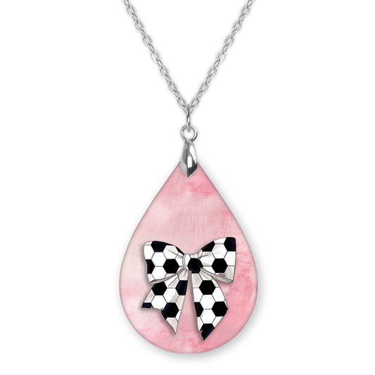 Soccer Bow Pink Teardrop Necklace
