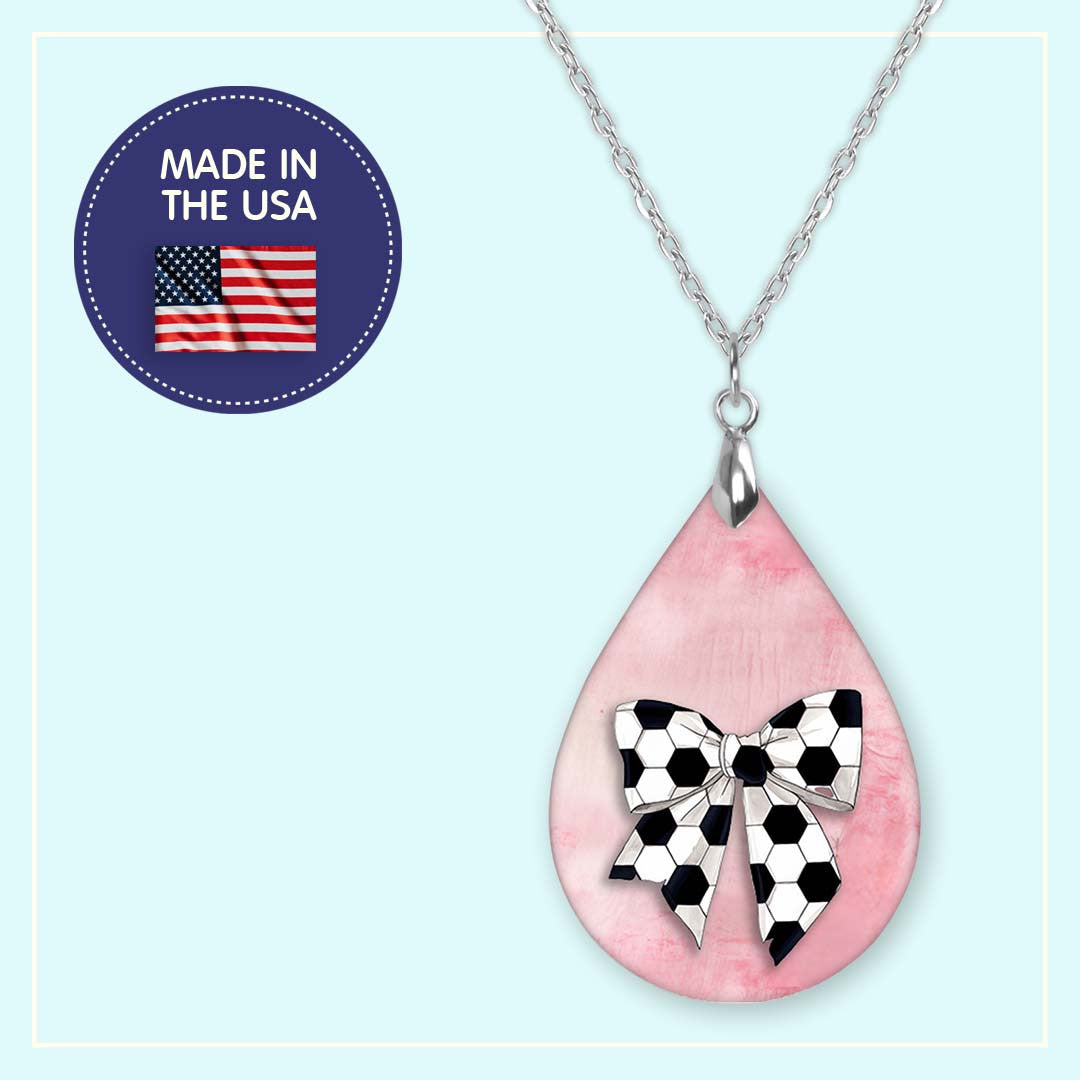 Soccer Bow Pink Teardrop Necklace