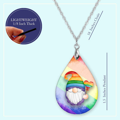 Pride Gnome Pendant Necklace – Rainbow Teardrop, Stainless Steel Chain