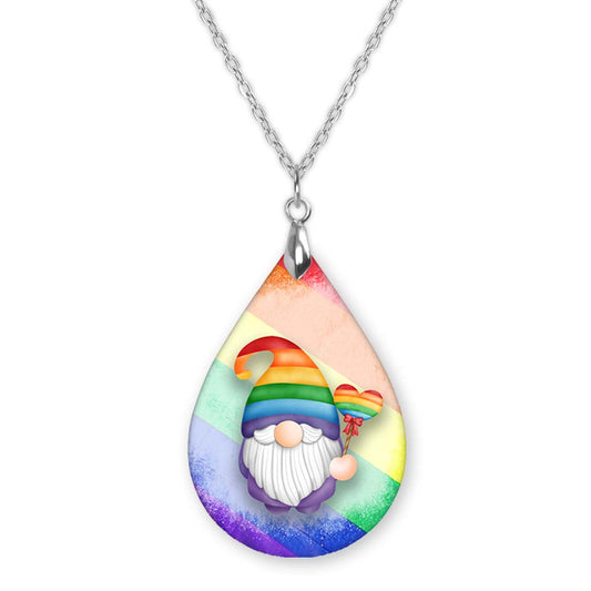 Pride Gnome Pendant Necklace – Rainbow Teardrop, Stainless Steel Chain