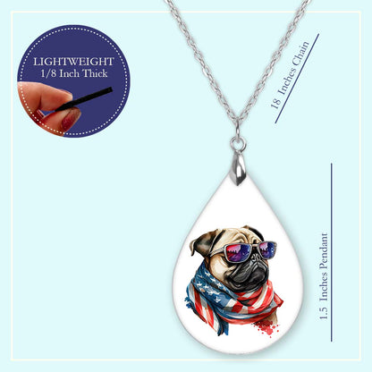Patriotic Pug Pendant Necklace – Stainless Steel Chain, 1.5" Teardrop
