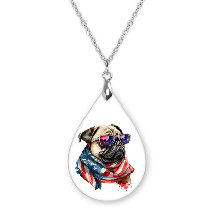 Patriotic Pug Pendant Necklace – Stainless Steel Chain, 1.5" Teardrop