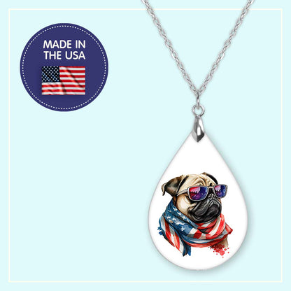 Patriotic Pug Pendant Necklace – Stainless Steel Chain, 1.5" Teardrop