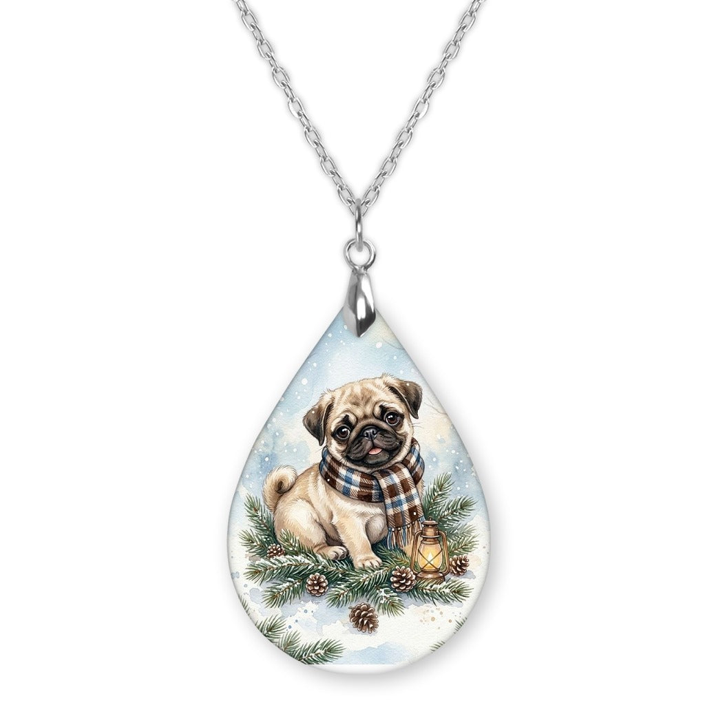 Fawn Pug Winter Woodland teardrop pendant necklace on a silver-tone chain