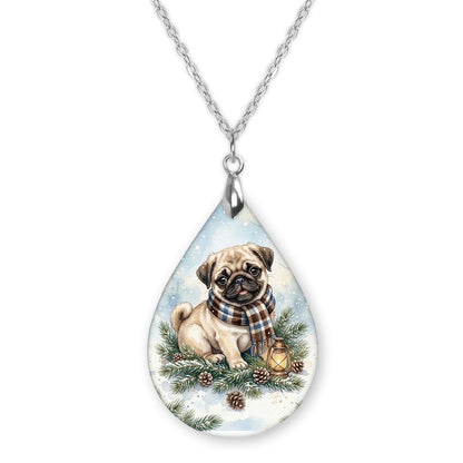 Fawn Pug Winter Woodland teardrop pendant necklace on a silver-tone chain