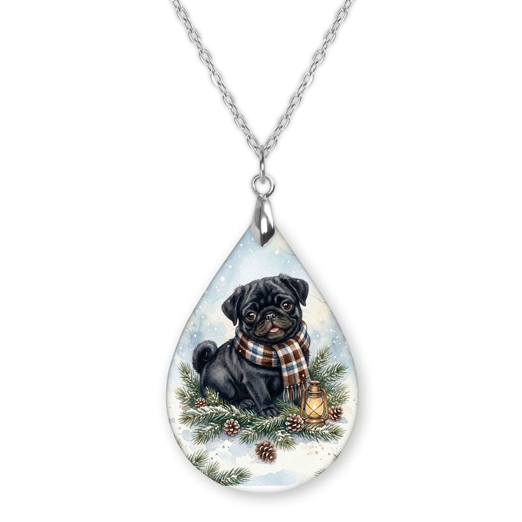 Black Pug Winter Woodland teardrop pendant necklace on a silver-tone chain