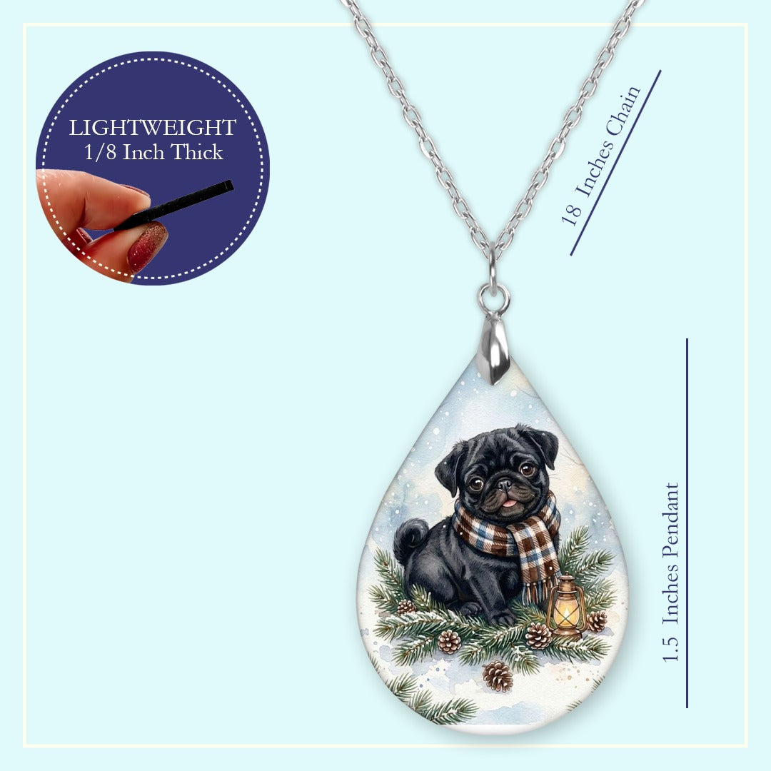 18 inch chain length guide for the Black Pug Winter Woodland teardrop pendant necklace