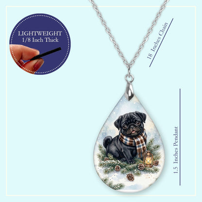 18 inch chain length guide for the Black Pug Winter Woodland teardrop pendant necklace