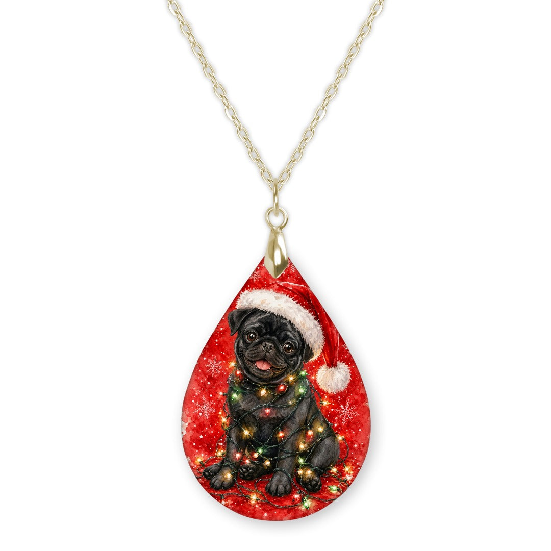 Black Pug Christmas Lights teardrop pendant necklace on a gold-tone chain