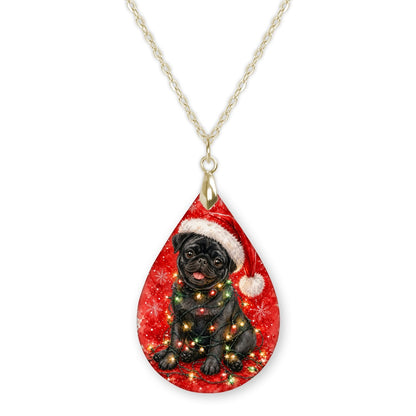 Black Pug Christmas Lights teardrop pendant necklace on a gold-tone chain