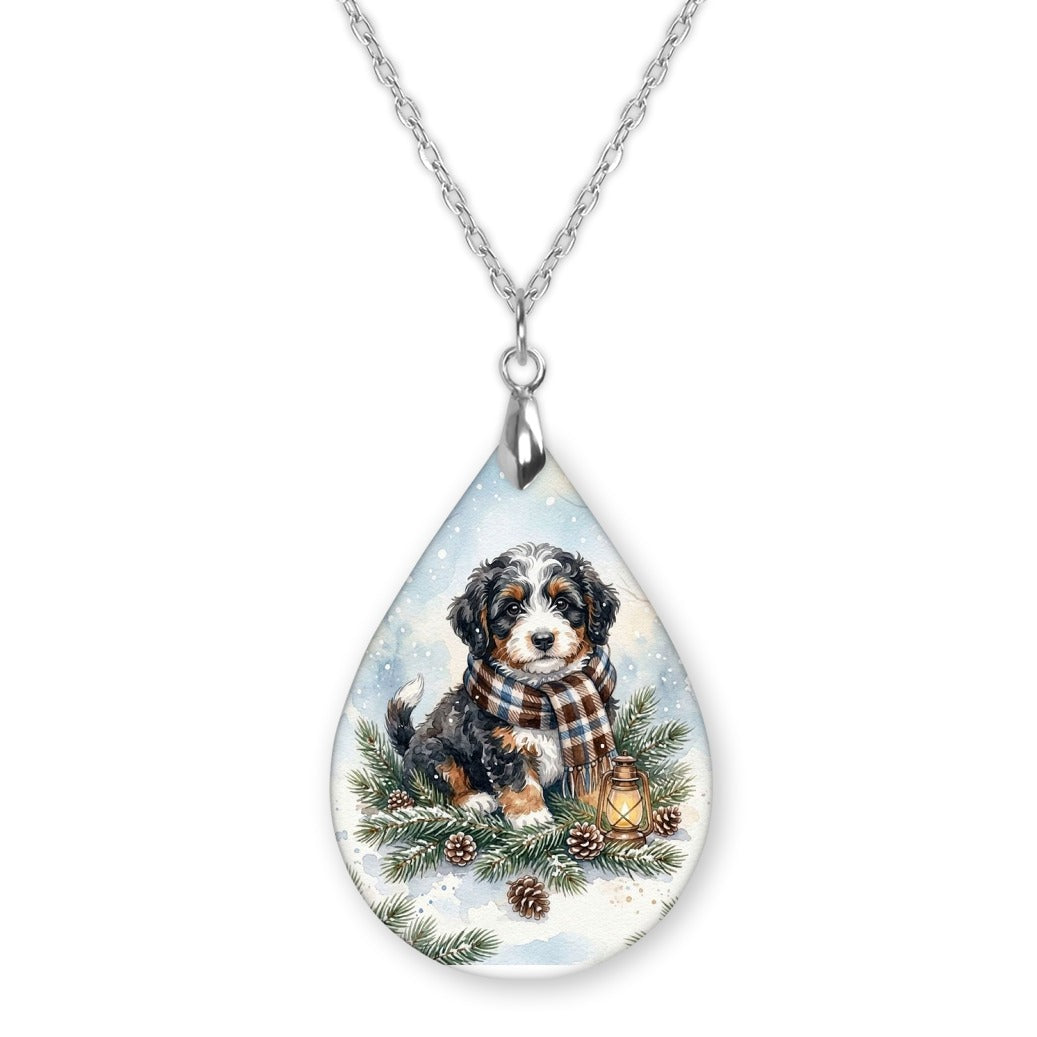 Bernedoodle Winter Woodland teardrop pendant necklace on a silver-tone chain