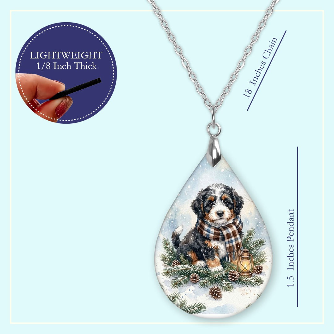 18 inch chain length guide for the Bernedoodle Winter Woodland teardrop pendant necklace