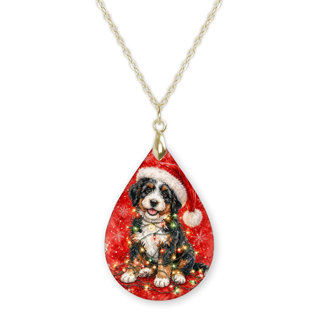 Bernedoodle Christmas Lights teardrop pendant necklace on a gold-tone chain
