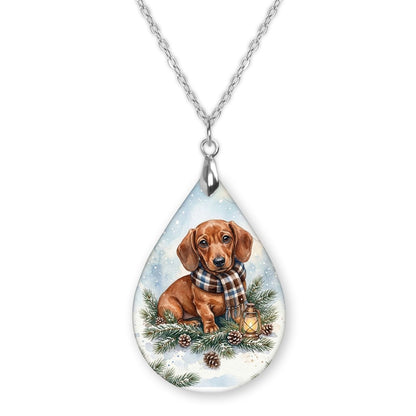 Dachshund Winter Woodland teardrop pendant necklace on a silver-tone chain