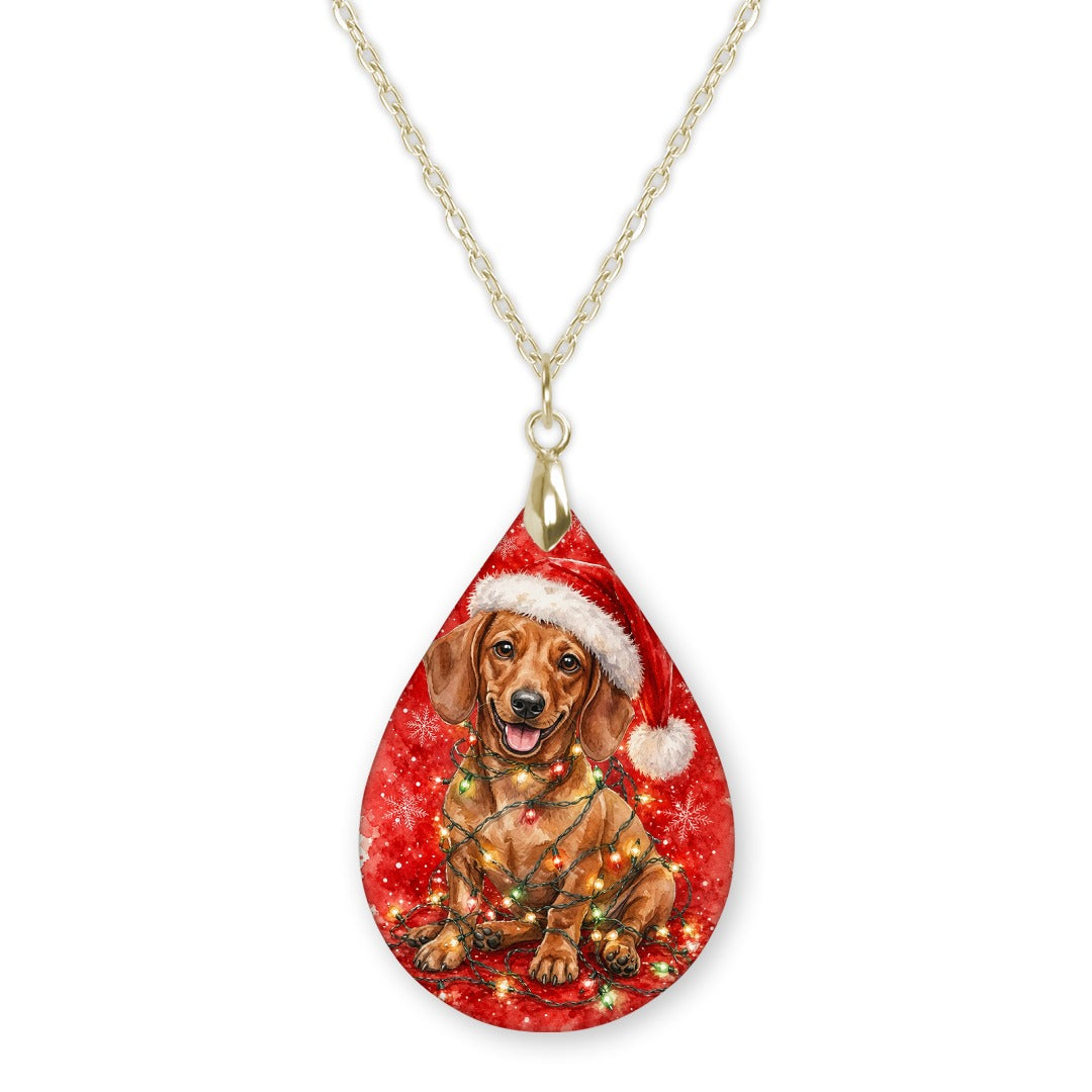 Dachshund Christmas Lights teardrop pendant necklace on a gold-tone chain