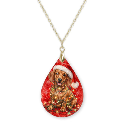 Dachshund Christmas Lights teardrop pendant necklace on a gold-tone chain