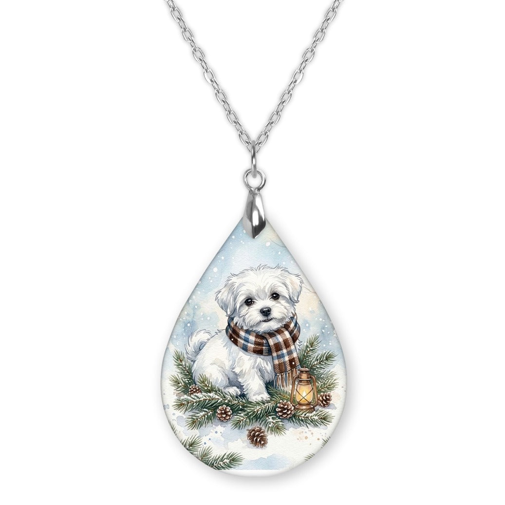 Maltese Winter Woodland teardrop pendant necklace on a silver-tone chain