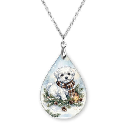 Maltese Winter Woodland teardrop pendant necklace on a silver-tone chain