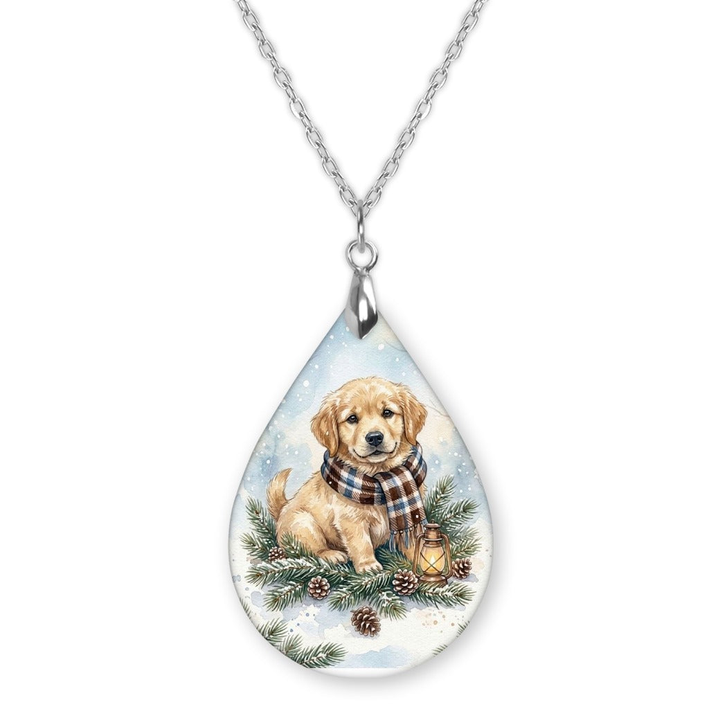 Golden Retriever Winter Woodland teardrop pendant necklace on a silver-tone chain