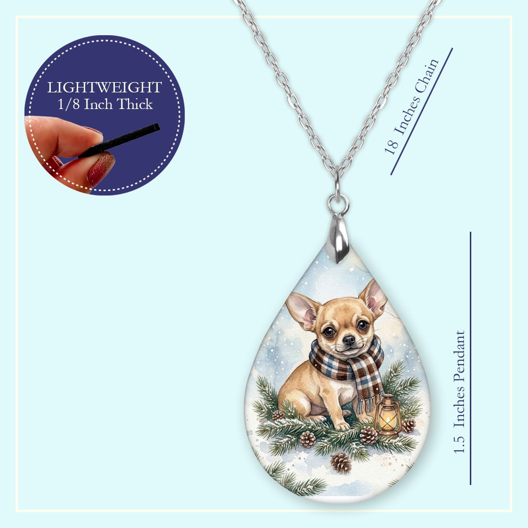 18 inch chain length guide for the Chihuahua Winter Woodland teardrop pendant necklace