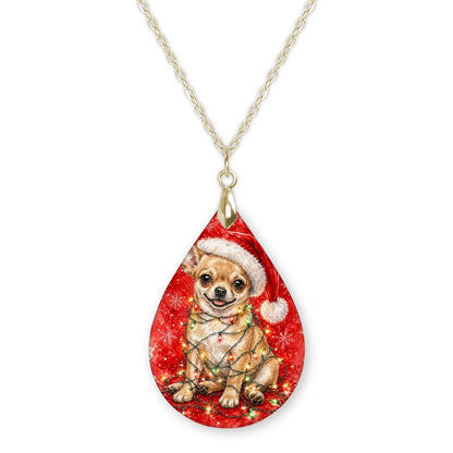 Chihuahua Christmas Lights teardrop pendant necklace on a gold-tone chain