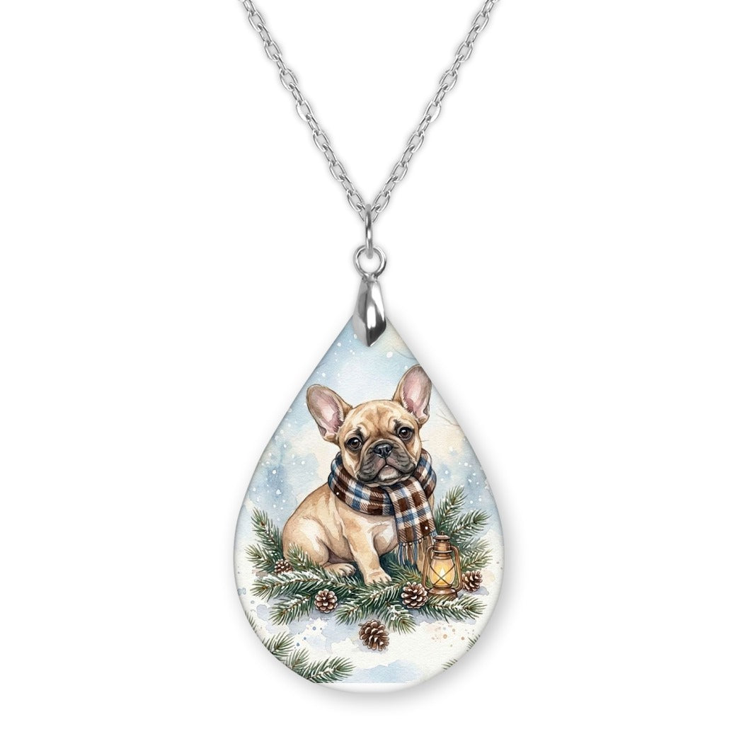 Tan Frenchie Winter Woodland teardrop pendant necklace on a silver-tone chain