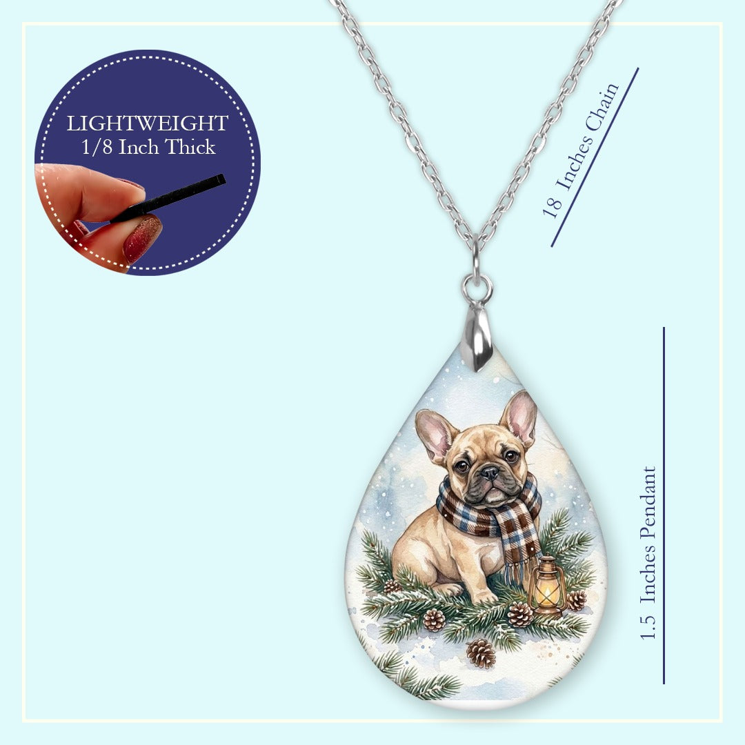 18 inch chain length guide for the Tan Frenchie Winter Woodland teardrop pendant necklace