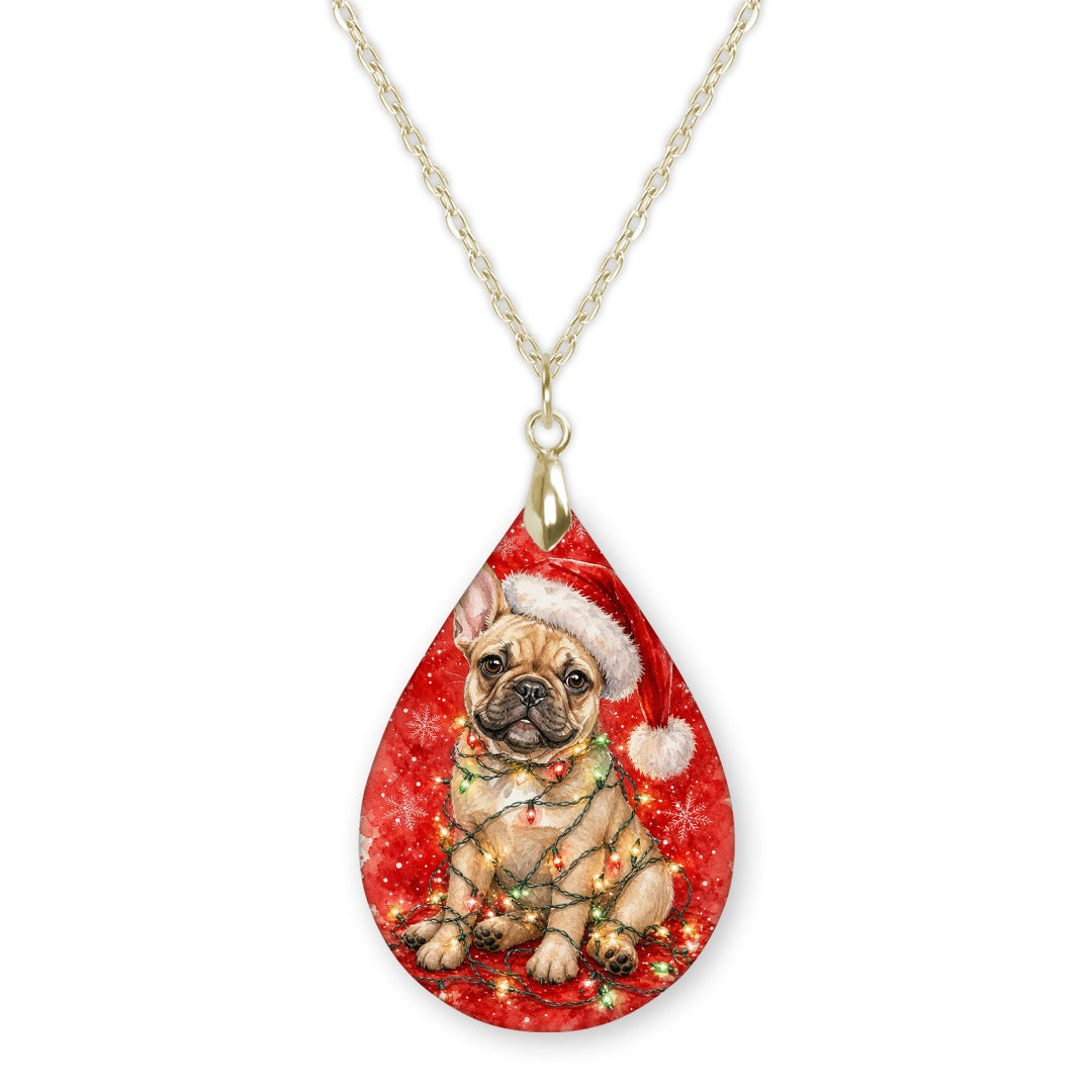 Tan Frenchie Christmas Lights teardrop pendant necklace on a gold-tone chain