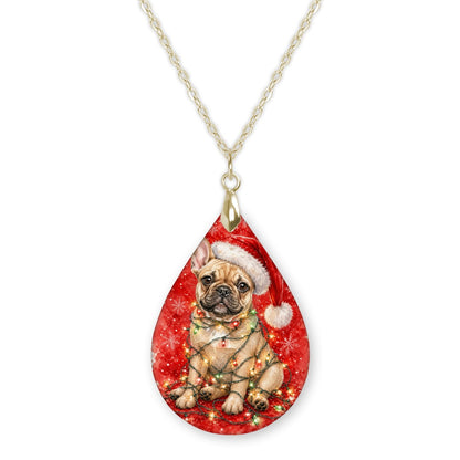 Tan Frenchie Christmas Lights teardrop pendant necklace on a gold-tone chain