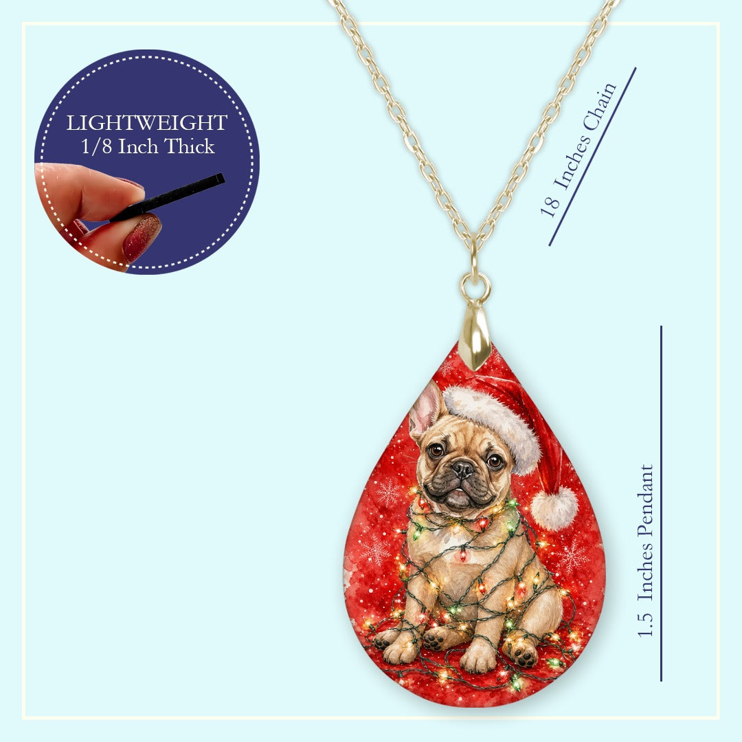 18 inch chain length guide for the Tan Frenchie Christmas Lights teardrop pendant necklace