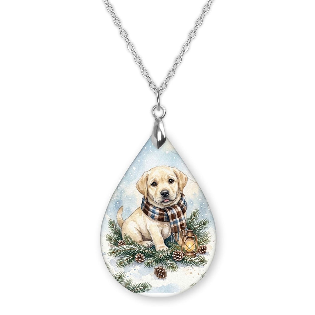 Yellow Lab Winter Woodland teardrop pendant necklace on a silver-tone chain