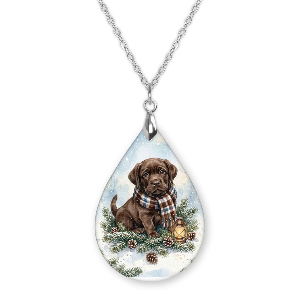 Chocolate Lab Winter Woodland teardrop pendant necklace on a silver-tone chain