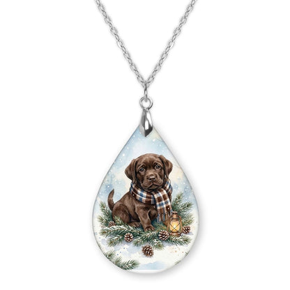 Chocolate Lab Winter Woodland teardrop pendant necklace on a silver-tone chain