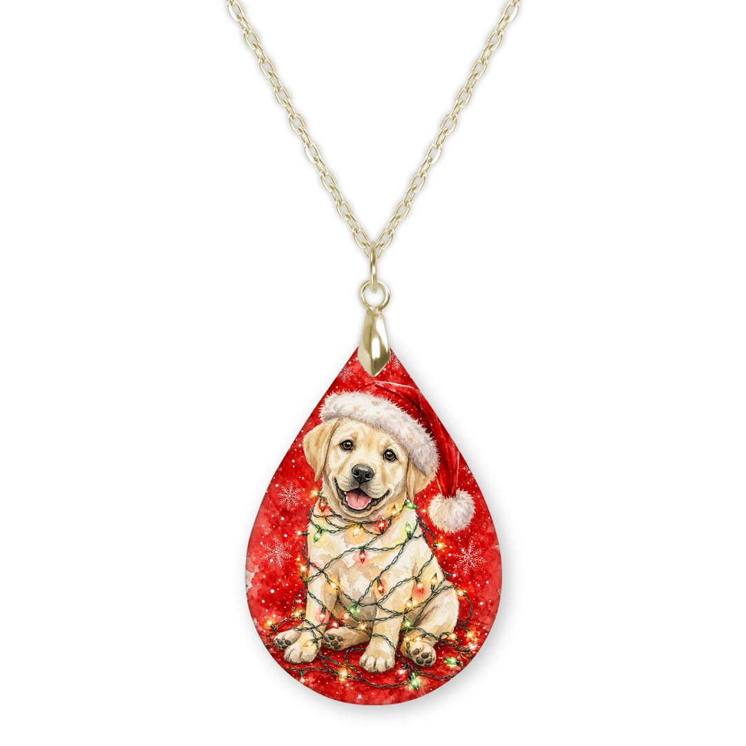 Yellow Lab Christmas Lights teardrop pendant necklace on a gold-tone chain