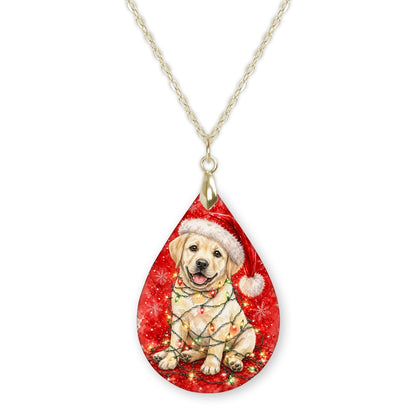 Yellow Lab Christmas Lights teardrop pendant necklace on a gold-tone chain