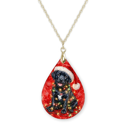 Black Lab Christmas Lights teardrop pendant necklace on a gold-tone chain
