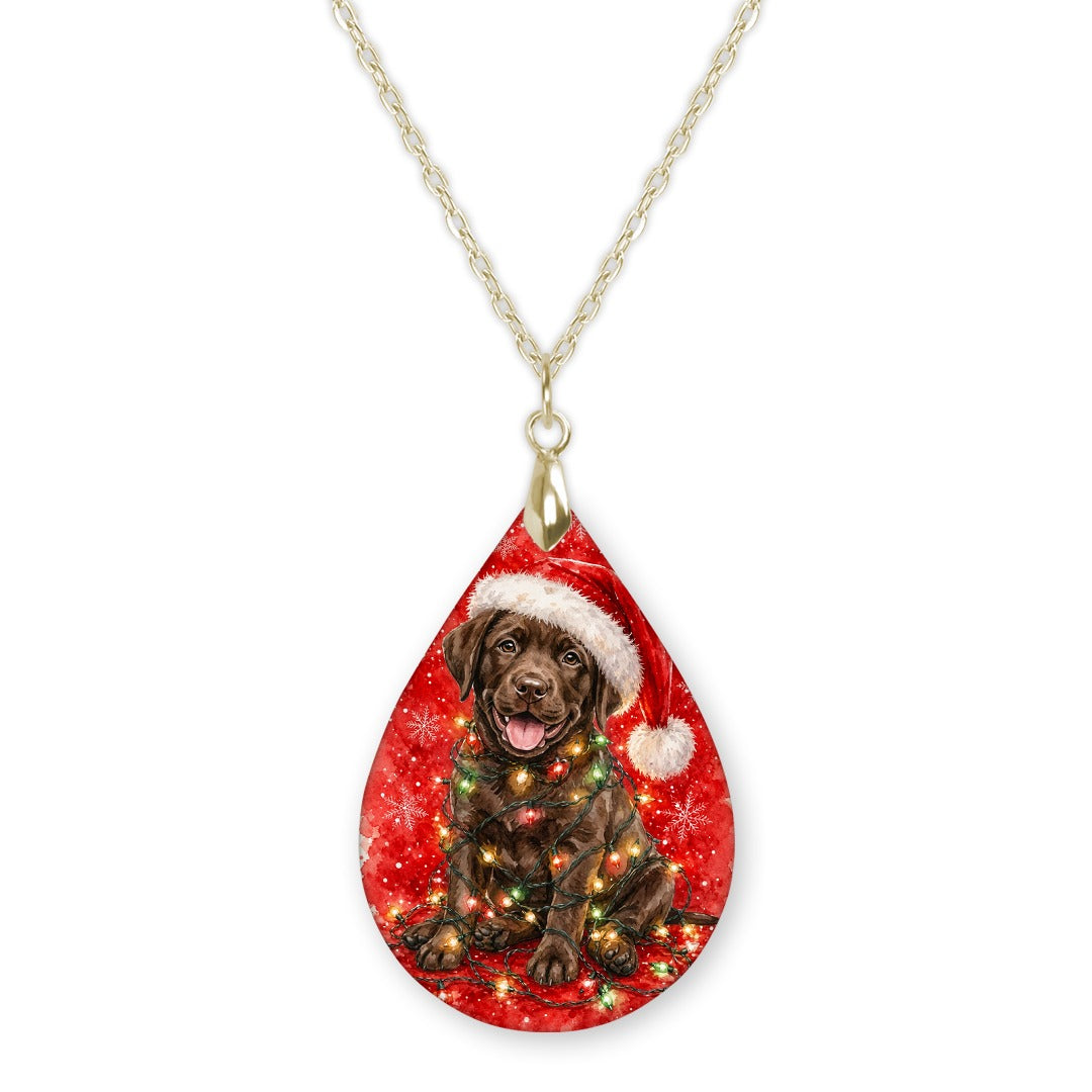 Chocolate Lab Christmas Lights teardrop pendant necklace on a gold-tone chain