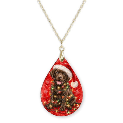 Chocolate Lab Christmas Lights teardrop pendant necklace on a gold-tone chain
