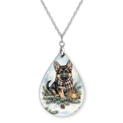 German Shepherd Winter Woodland teardrop pendant necklace on a silver-tone chain