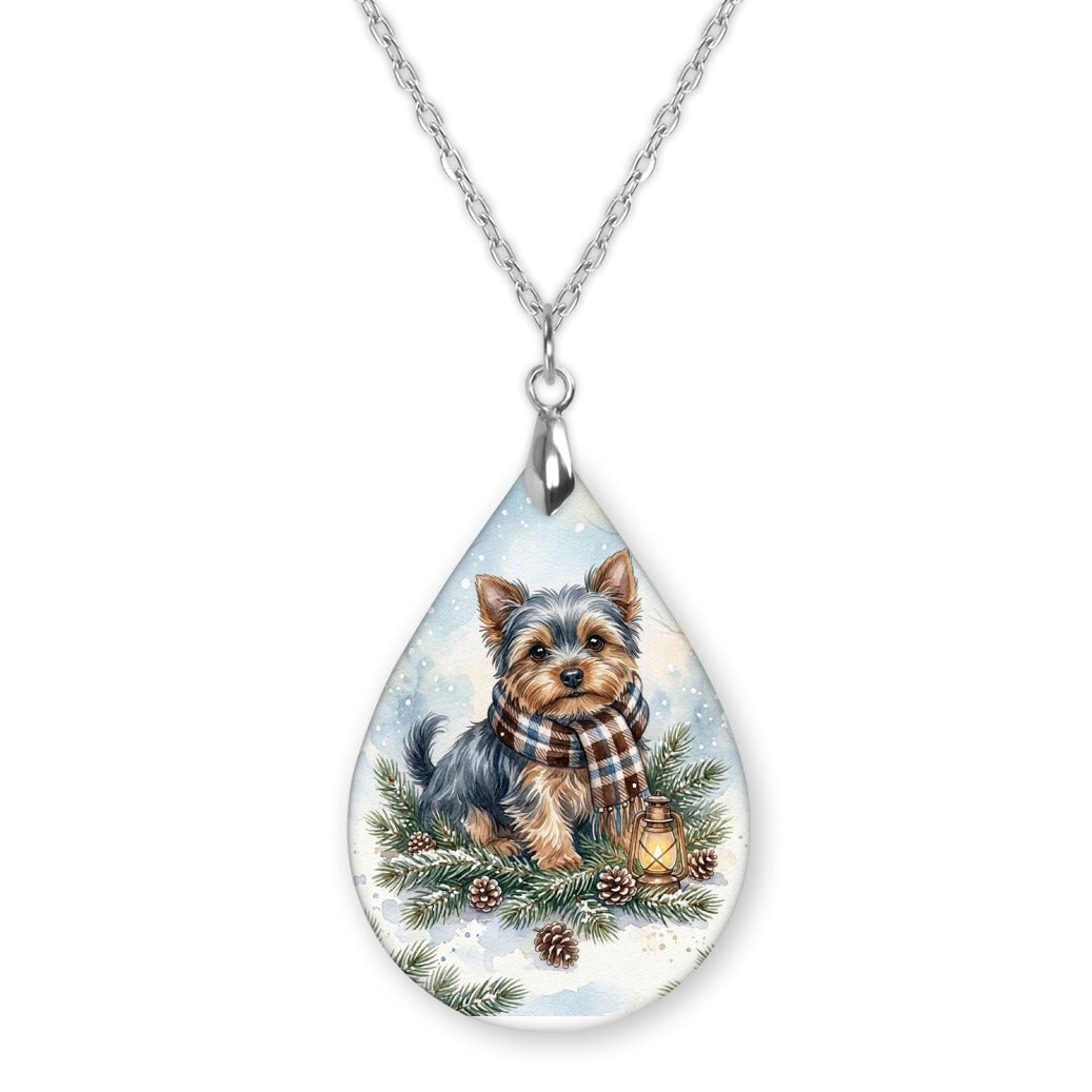 Yorkie Winter Woodland teardrop pendant necklace on a silver-tone chain