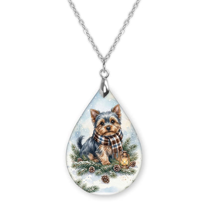 Yorkie Winter Woodland teardrop pendant necklace on a silver-tone chain