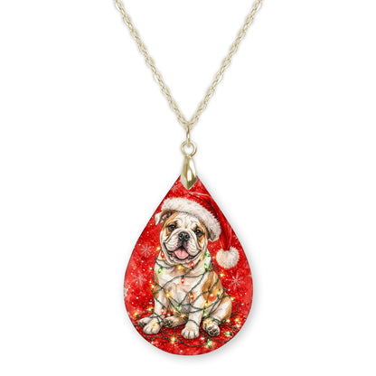 Bulldog Christmas Lights teardrop pendant necklace on a gold-tone chain